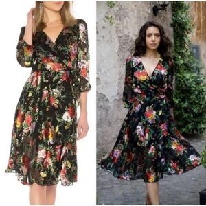 Alice + Olivia Abney Midi Black Dress Wrap Blooming Bouquet Floral Size S